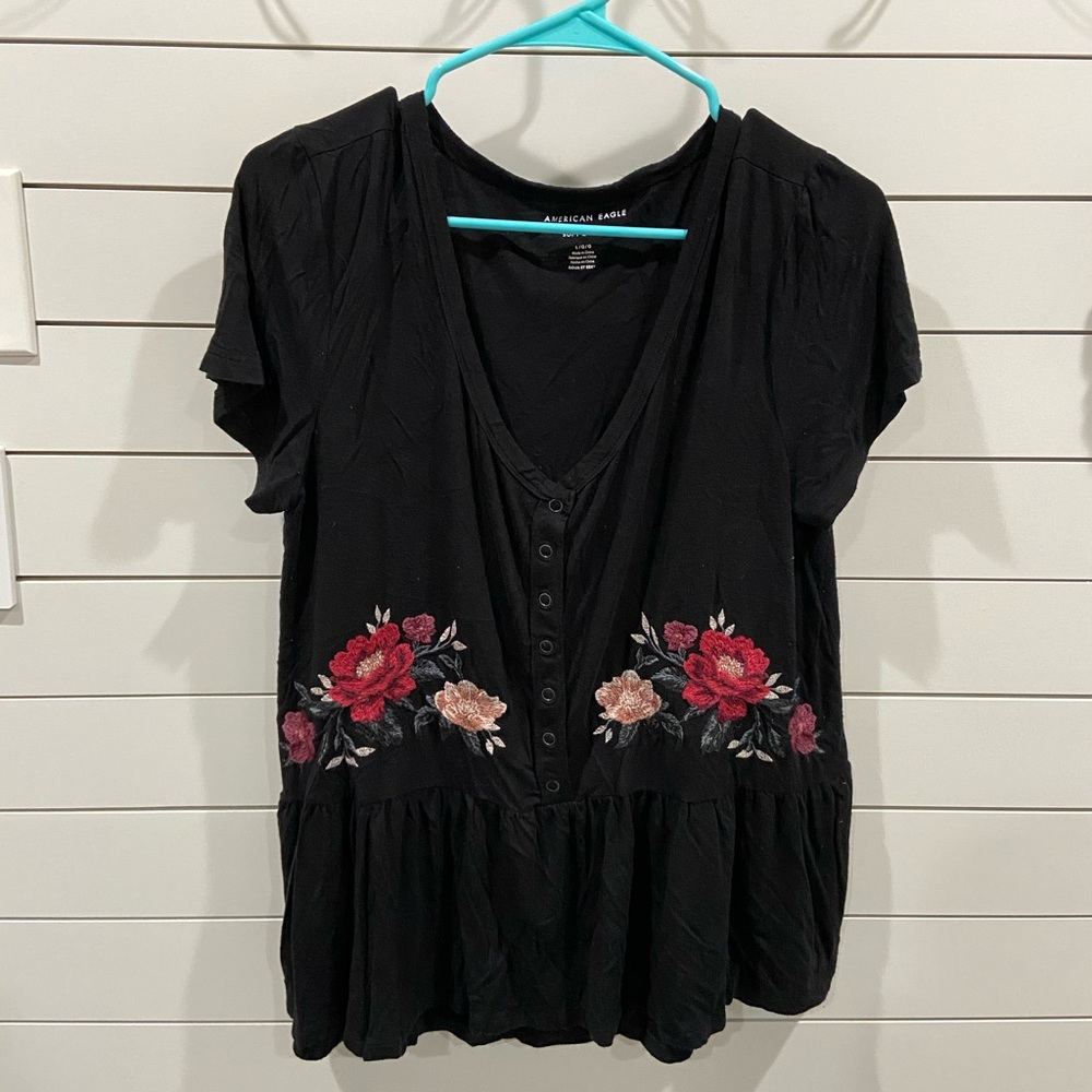 AE Soft & Sexy Black Rose Peplum Blouse